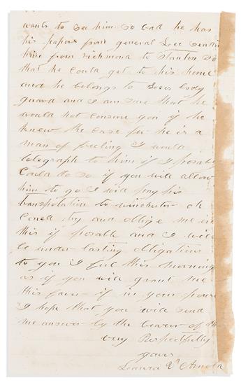 (CIVIL WAR--CONFEDERATE.) Laura V. Arnold. Letter by a patriotic Confederate woman while serving as a nurse to her wounded brother.